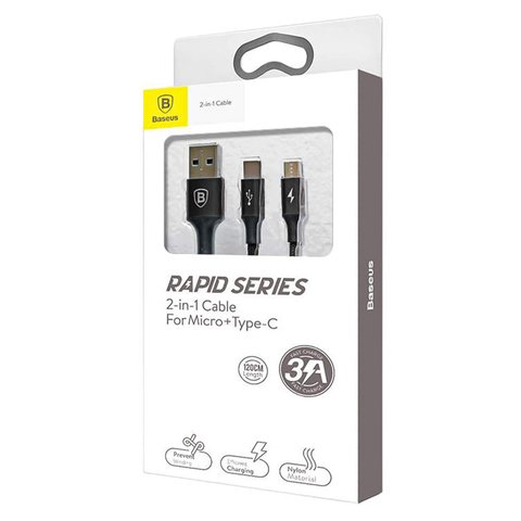 USB кабель Baseus Rapid, USB тип-C, USB тип-A, micro-USB тип-B, 120 см, 3 A, чорний, в нейлоновому обплетенні, 2 в 1, #CAMT-ASU01 Прев'ю 2