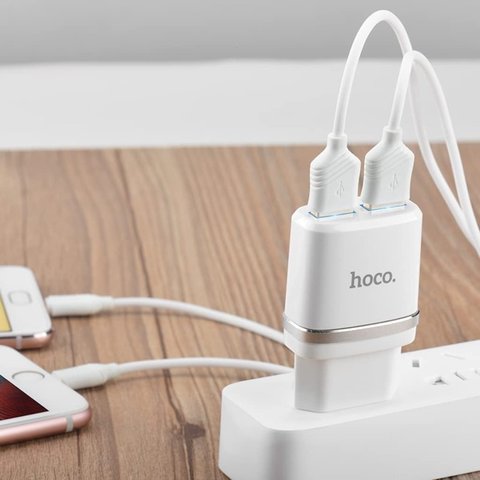 Мережевий зарядний пристрій Hoco C12, 12 Вт, білий, з кабелем Lightning для Apple, 2 порта, #6957531047766 Прев'ю 2