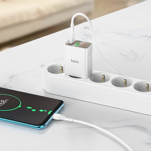 Мережевий зарядний пристрій Hoco C100A, 20 Вт, Power Delivery (PD), білий, з кабелем USB тип-C до USB тип-C, з дисплеєм, 2 порта, #6931474769824 Прев'ю 5